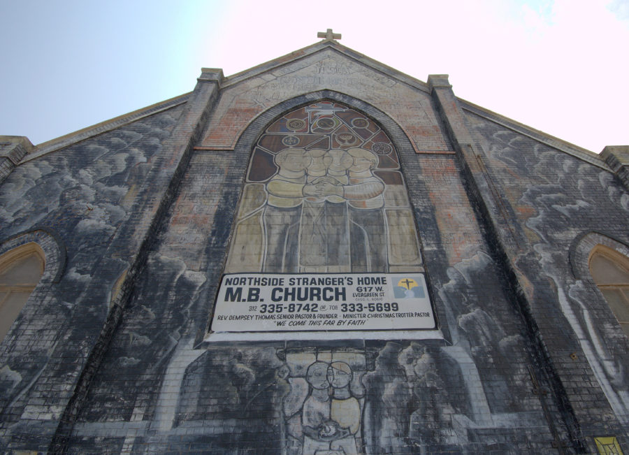 Detail of north facade of Strangers' Home MB Church and 1974 William Walker mural