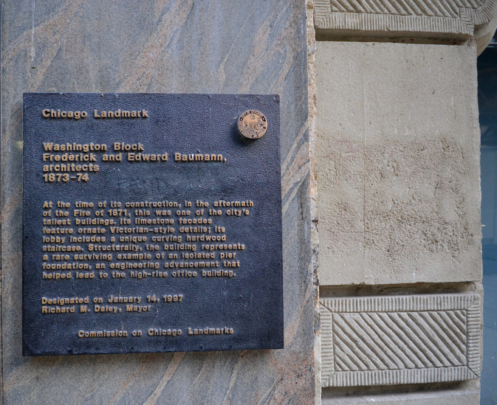 Plaque commemorating the landmark status of the Washington Block [Gabriel X. Michael/Chicago Patterns]